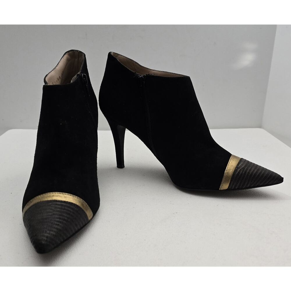 Lodi Boot Ankle Bootie Black Gold Stripe/Embossed Toe Black Heel Point Toe Sz 40